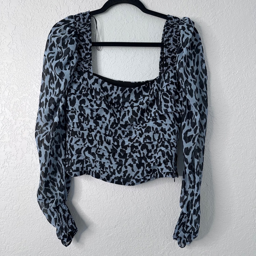 Zara Blue Leopard Print Ruched Smocked Square Neck Long Sleeve Top Small